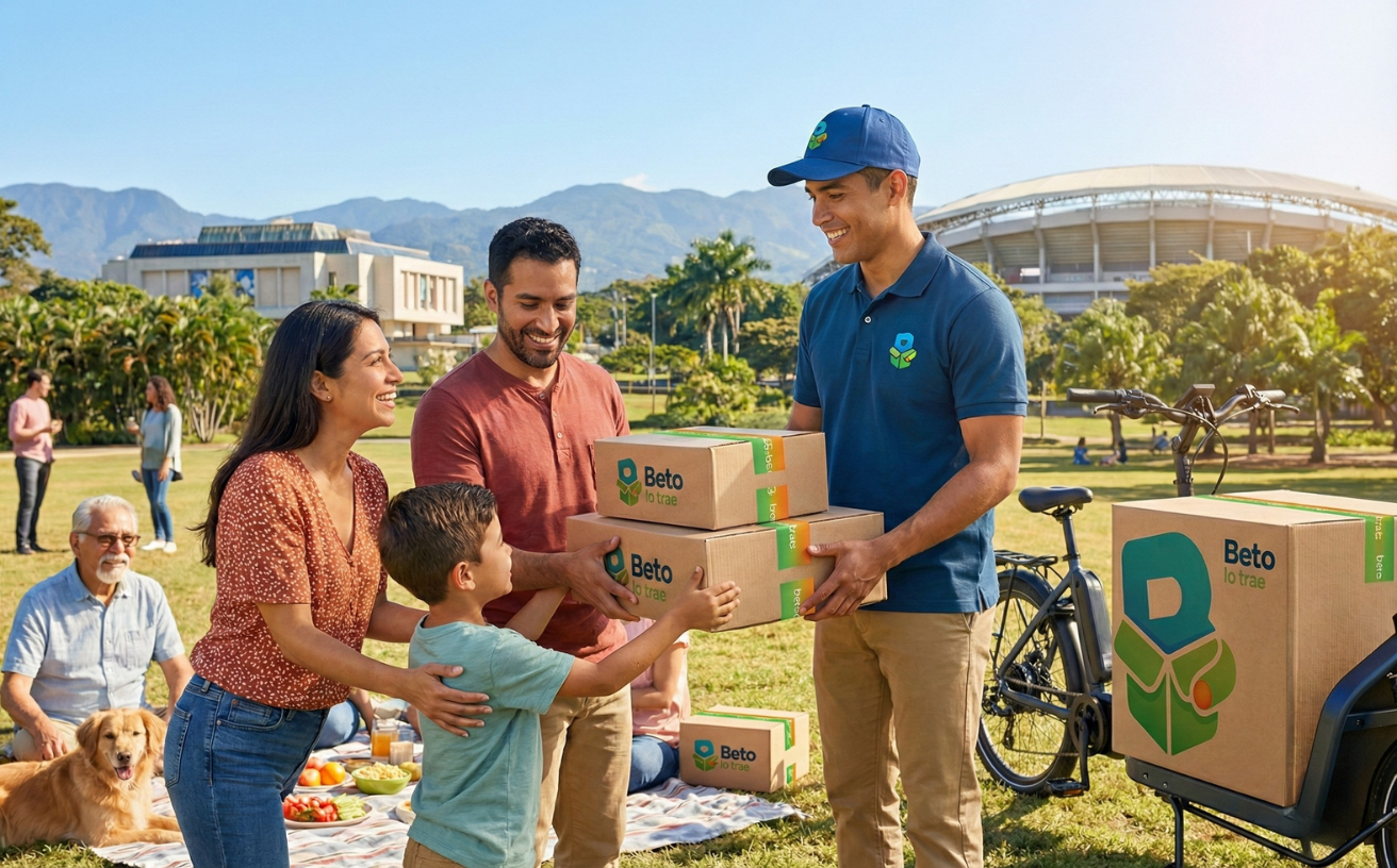 Familia feliz recibiendo paquetes de Beto lo trae