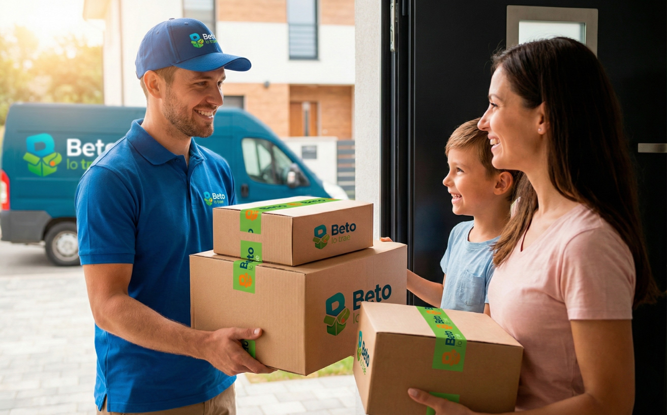 Familia feliz recibiendo paquetes de Beto lo trae